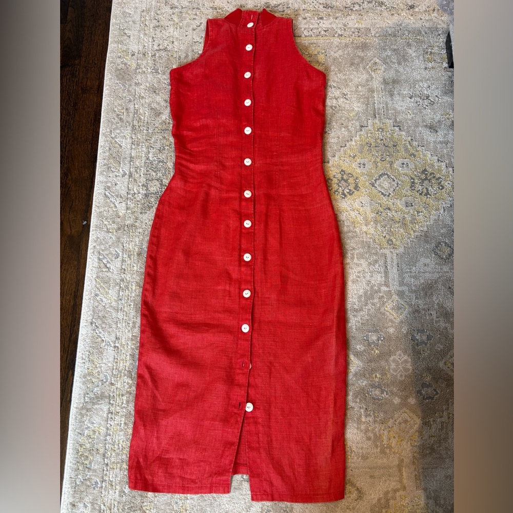 Vintage Red Linen Midi Dress With Button down Back - Picture 4 of 15